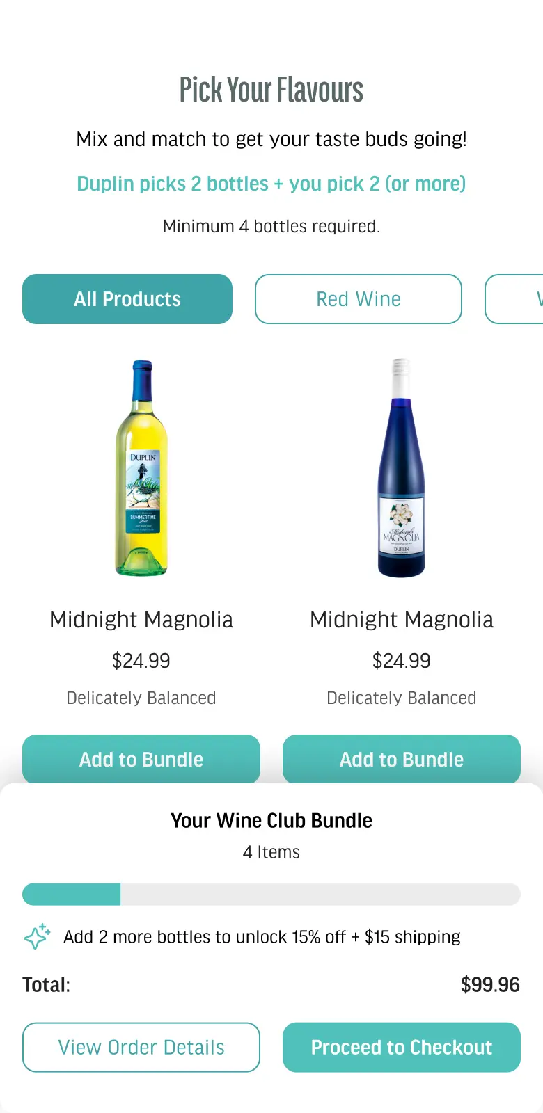 Wine Club bundle builder on mobile, with a progress bar toward the discount
