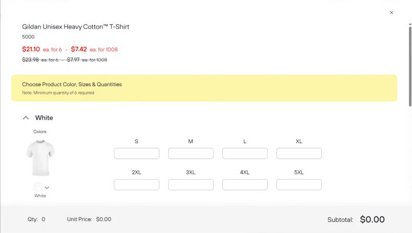 Entripy order form for a Gildan t-shirt with tiered pricing and size inputs