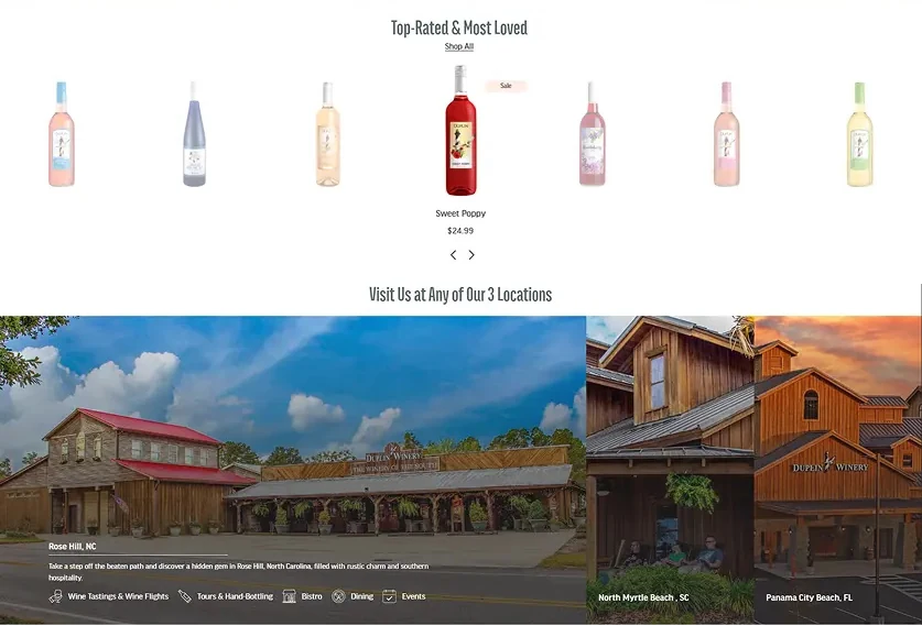 Duplin Winery site showing top-rated wines and the three visit locations