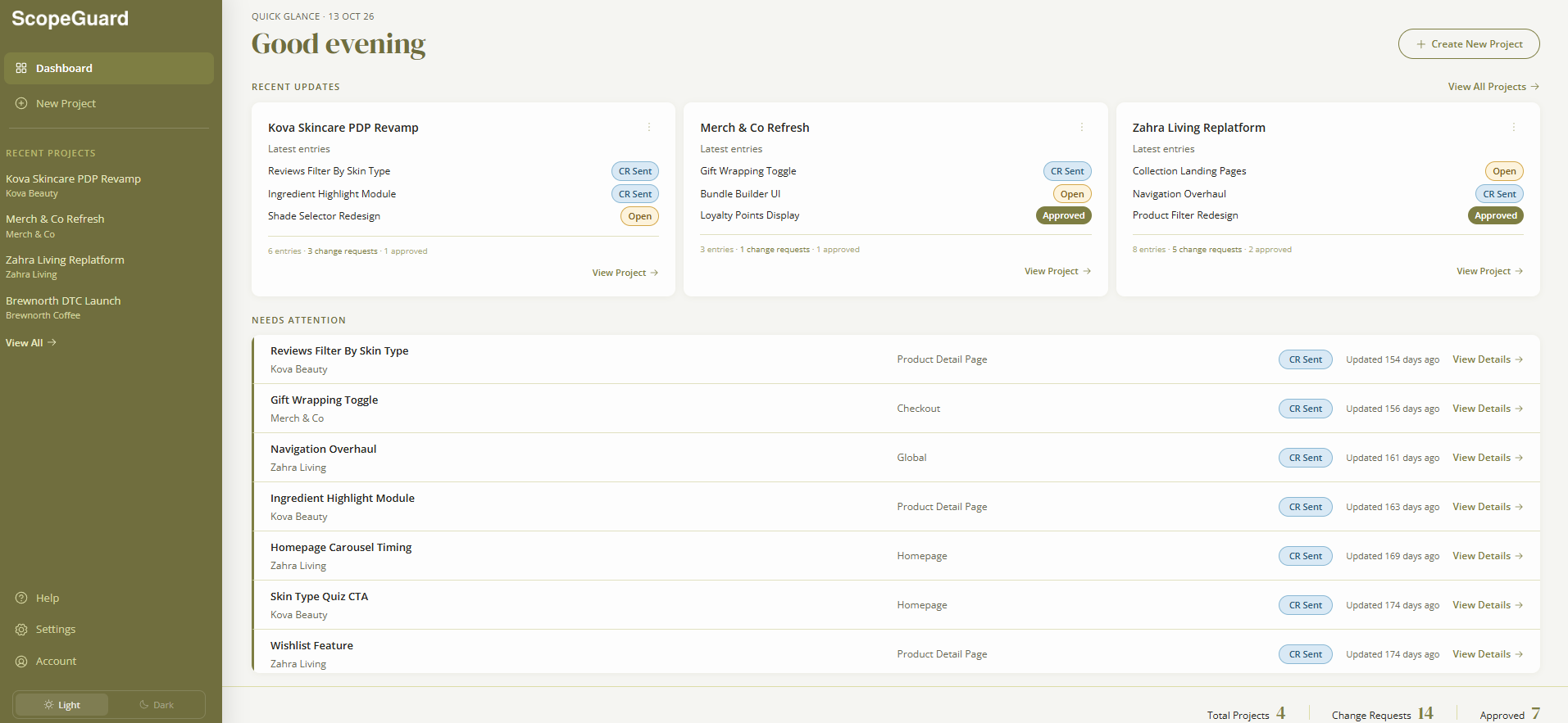 ScopeGuard dashboard with recent project updates and change requests waiting on the client